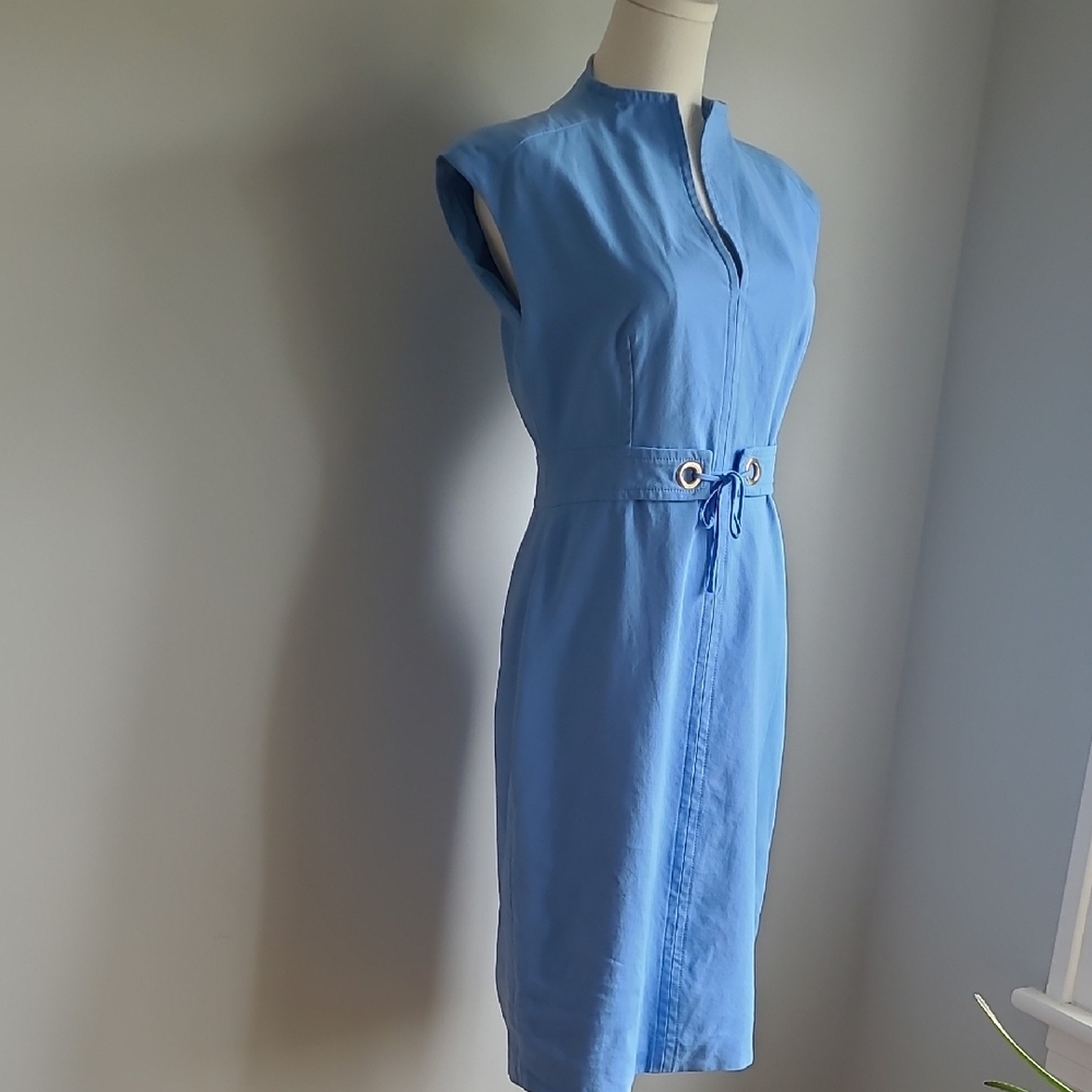 MaxMara Blue Sheath Dress with Cap Sleeves and Mock Neck